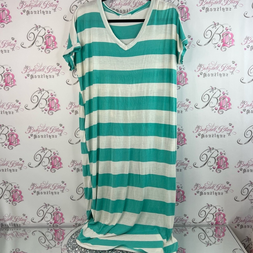 Reborn J dress stripes blue green Teal and White Striped Dress long comfy